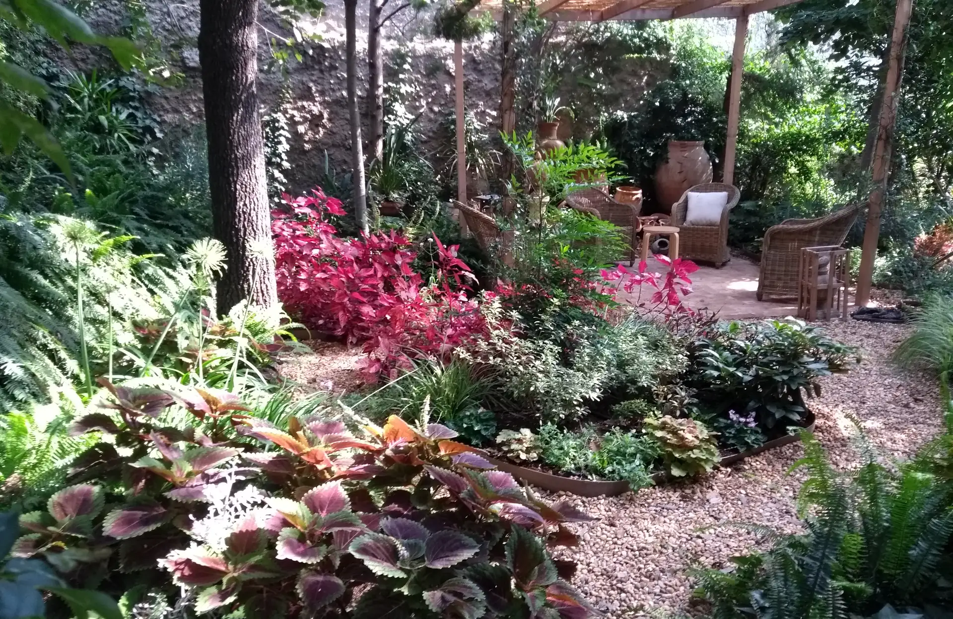 Jardín frondoso con plantas de sombra y camino de grava diseñado por Huertocity en Barcelona